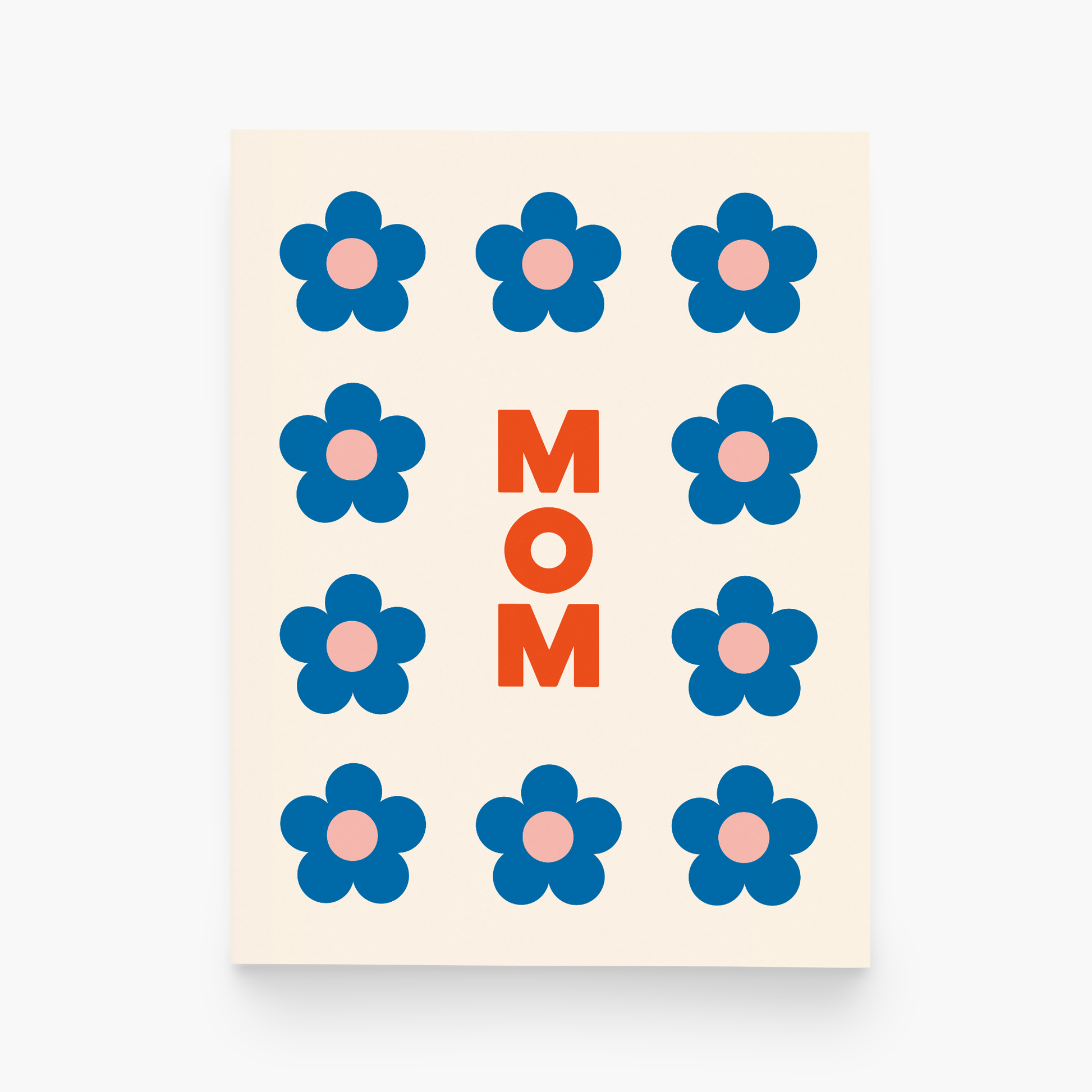 Poster with blue flowers and 'MOM' text on a beige background