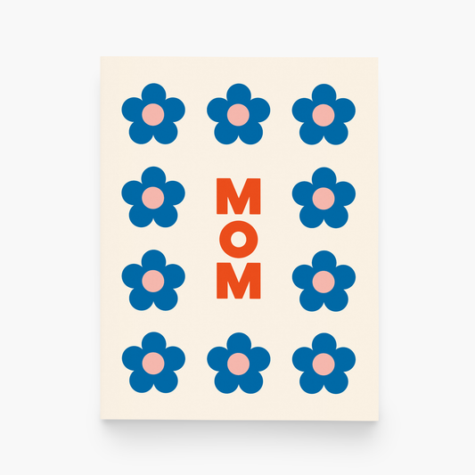 Poster with blue flowers and 'MOM' text on a beige background