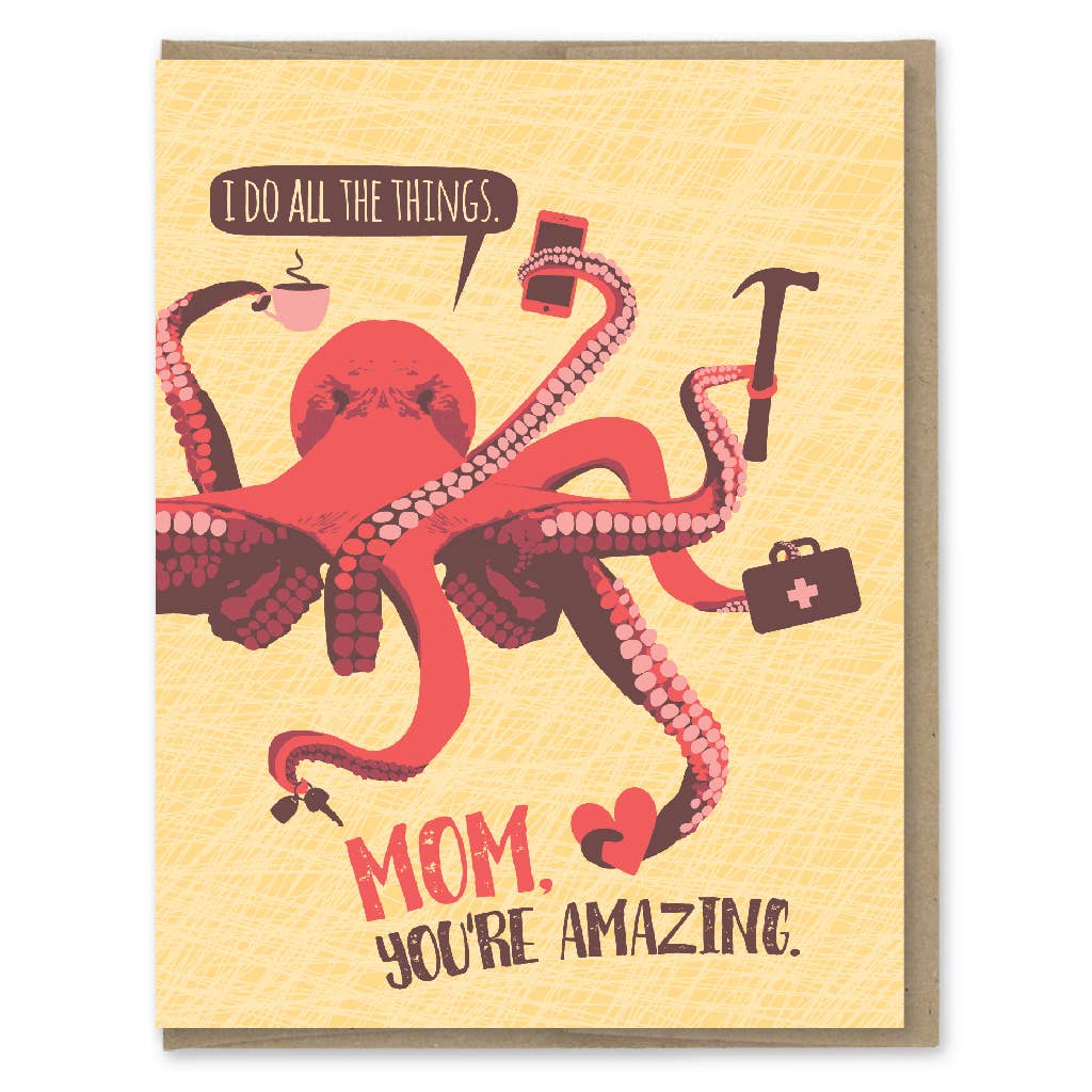 Card with a red octopus illustration and text on a yellow background