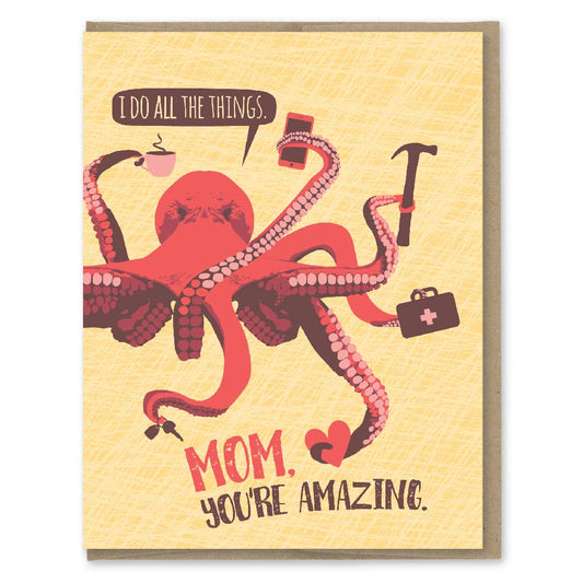 Card with a red octopus illustration and text on a yellow background