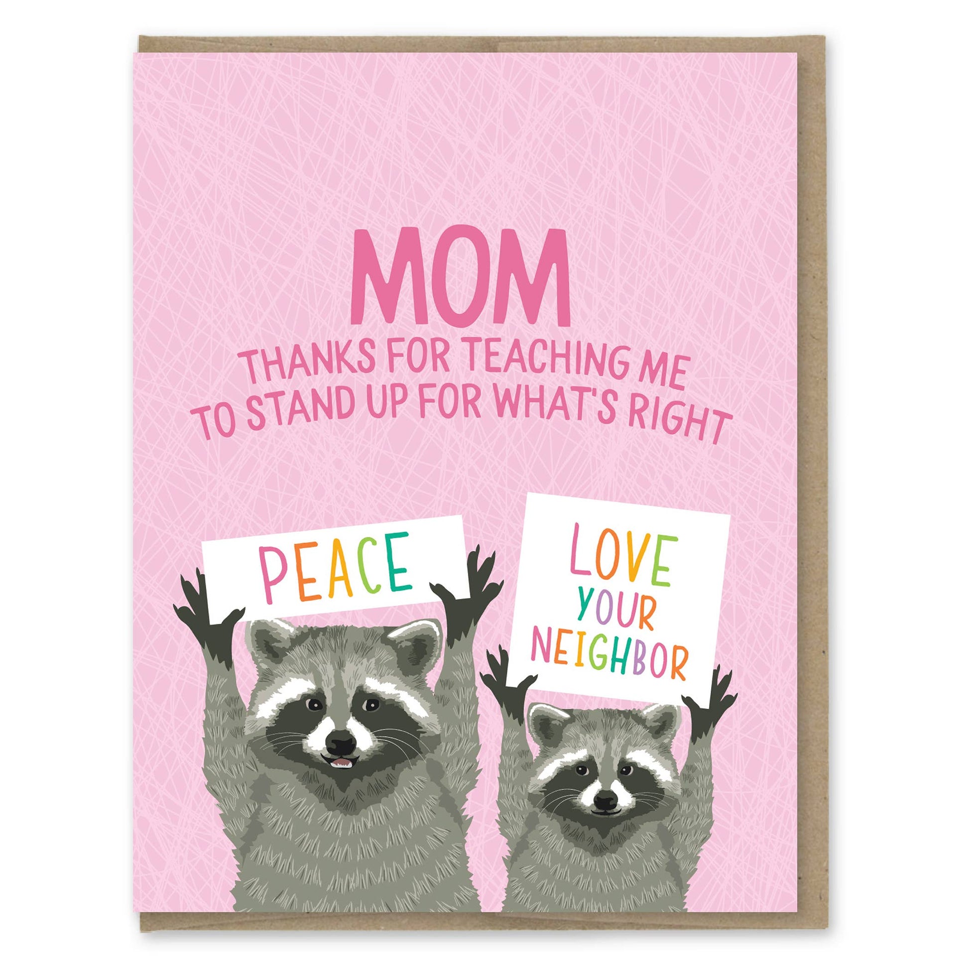 Greeting card with raccoons holding signs on a pink background