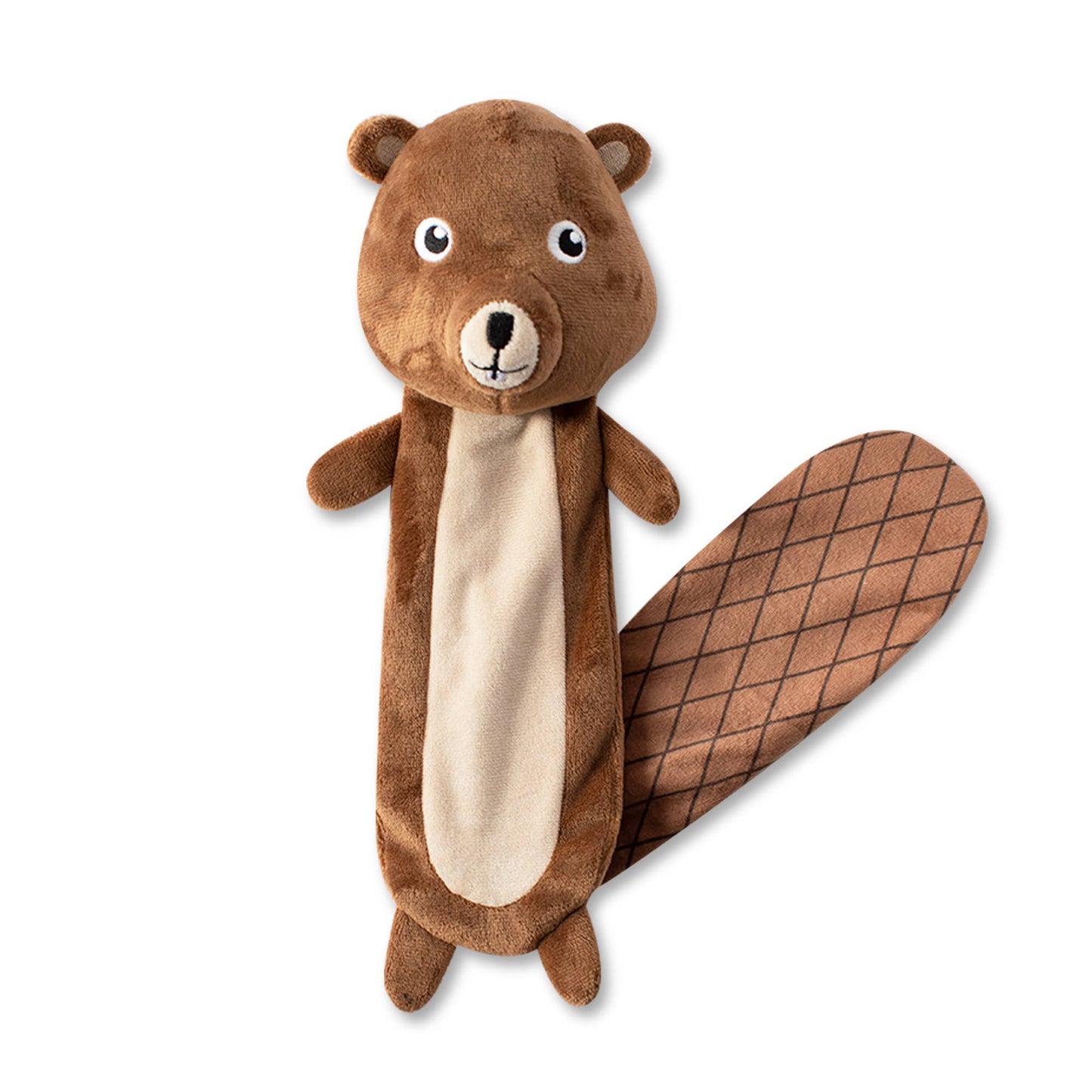 Plush toy shaped like a brown squirrel on a white background