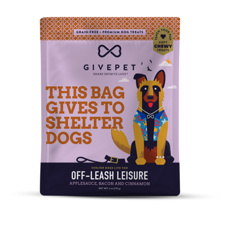 Dog treat package with a dog illustration and text on a white background