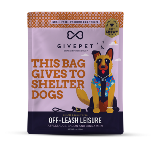 Dog treat package with a dog illustration and text on a white background