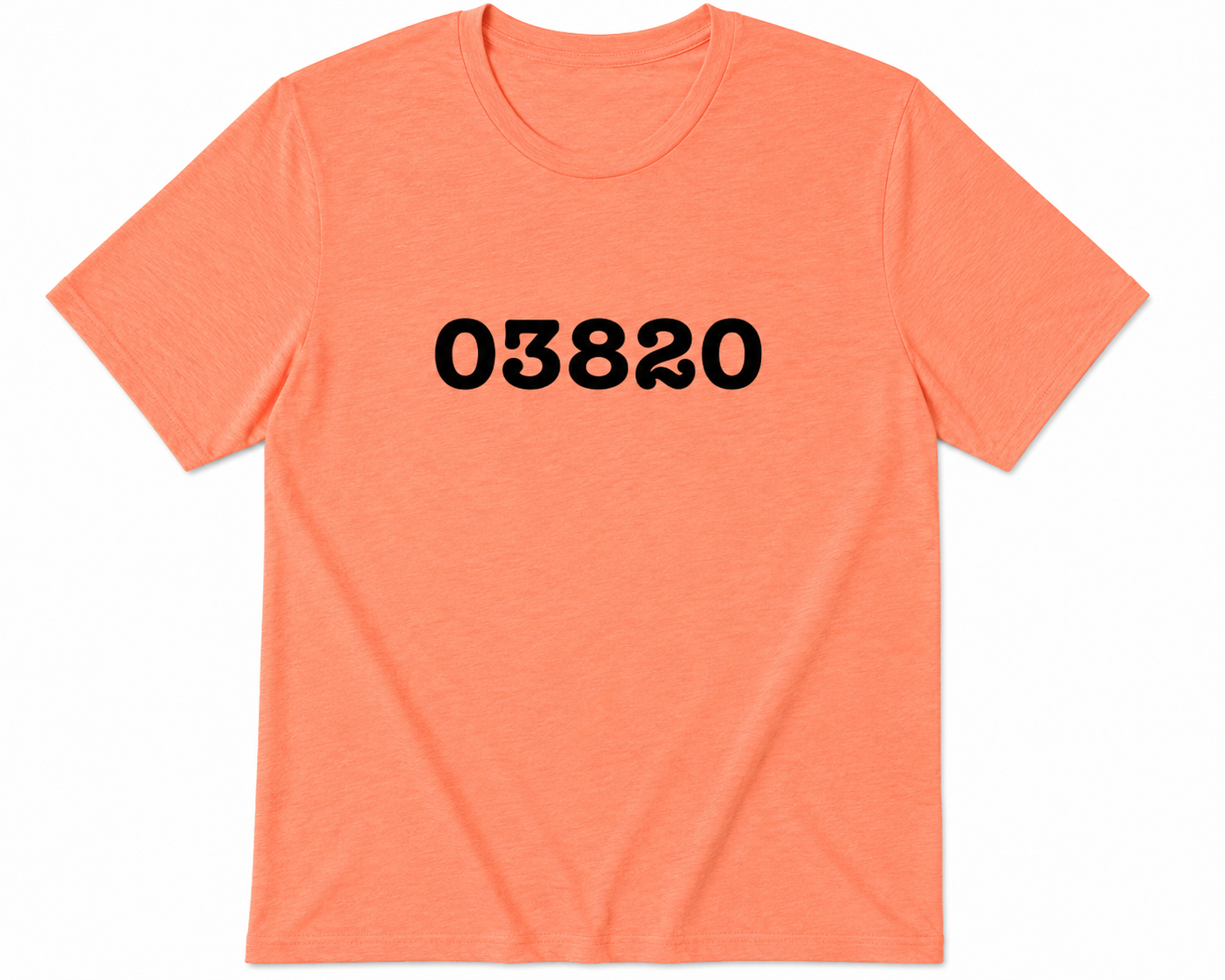 Orange t-shirt with black text '03820' on a white background
