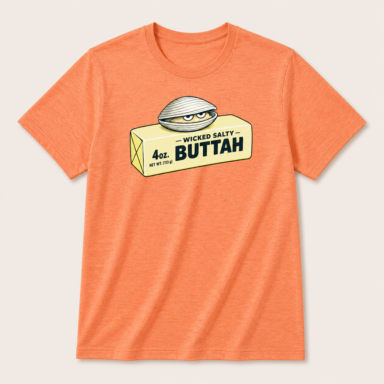 Orange t-shirt with a graphic of a clam on a butter package labeled 'Wicked Salty 4oz. BUTTAH' on a beige background.