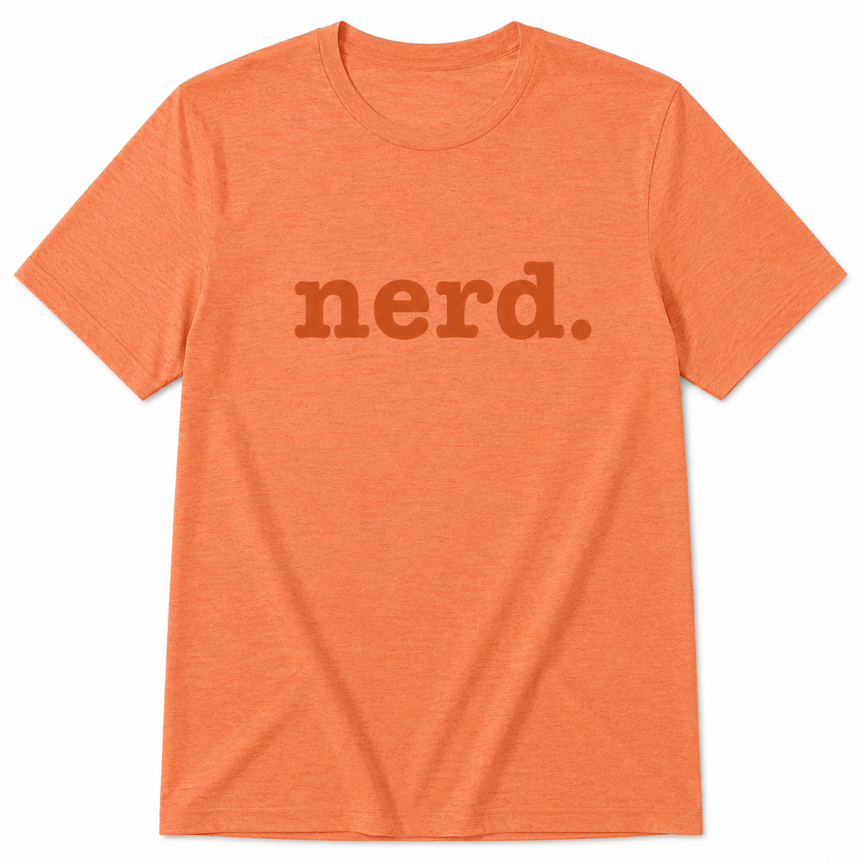 Orange t-shirt with 'nerd.' text on a white background