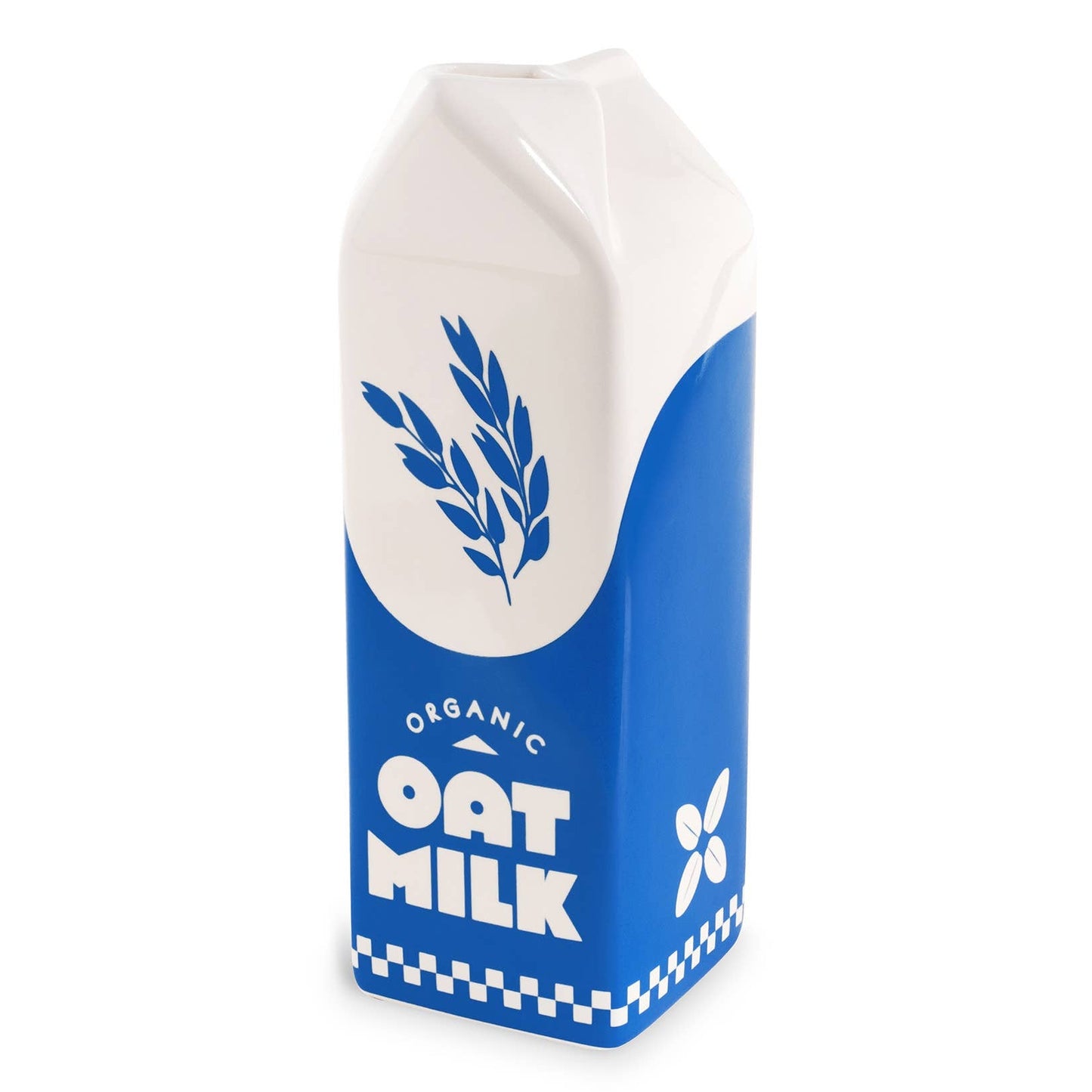 Carton of organic oat milk with blue and white design on a white background