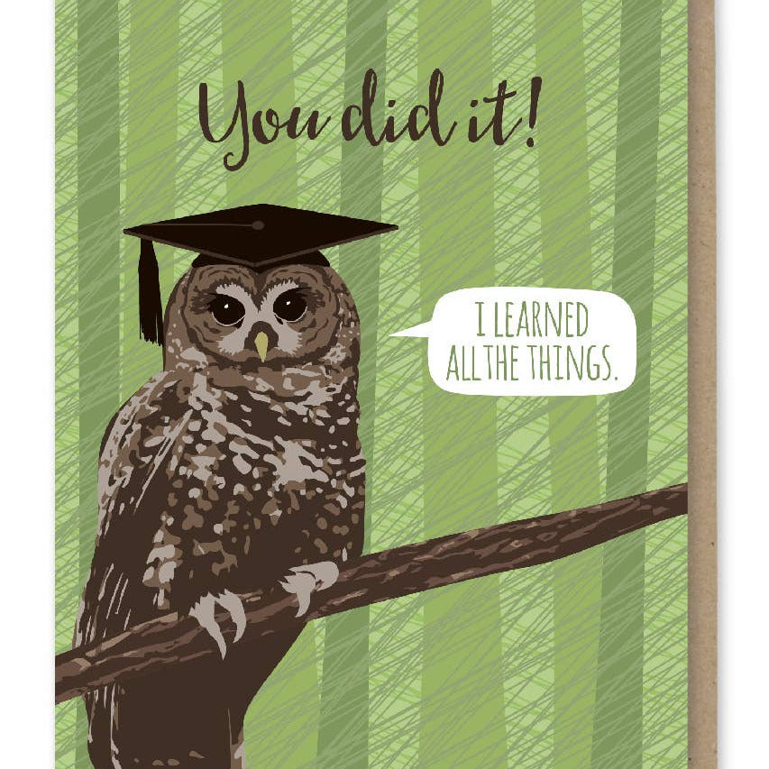 Graduation card with an owl wearing a cap and diploma, on a green striped background.
