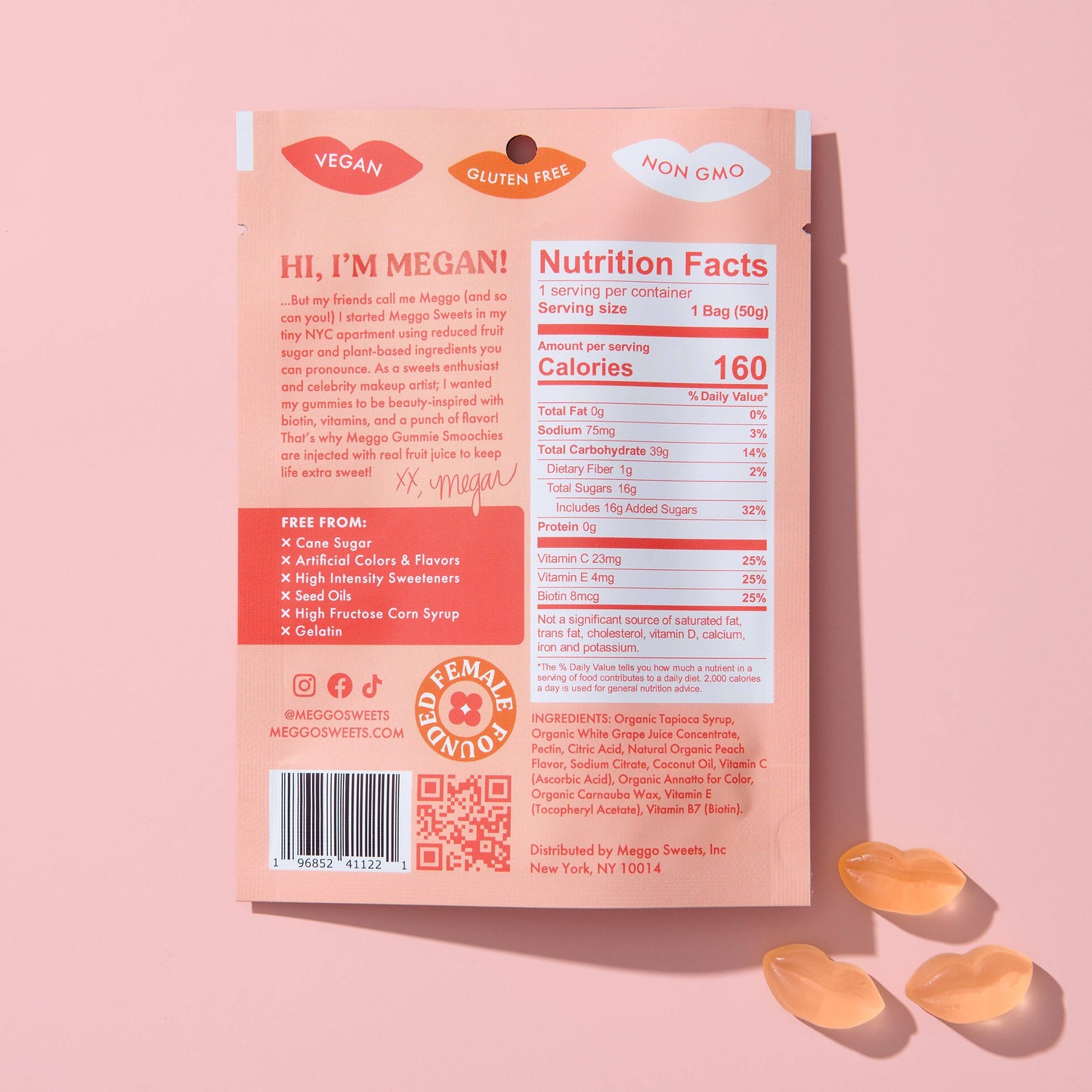 Megan's Gummy Bears packaging with nutrition facts on a pink background
