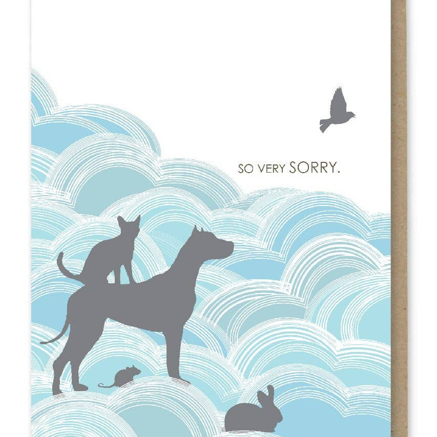 Card with silhouettes of a dog, cat, and bird on a blue wavy background with 'So Very Sorry' text.