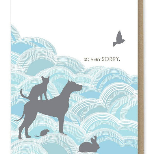 Card with silhouettes of a dog, cat, and bird on a blue wavy background with 'So Very Sorry' text.