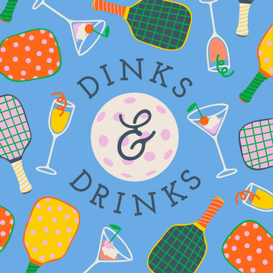 Pattern of pickleball paddles, drinks, and text 'DINKS & DRINKS' on a blue background.