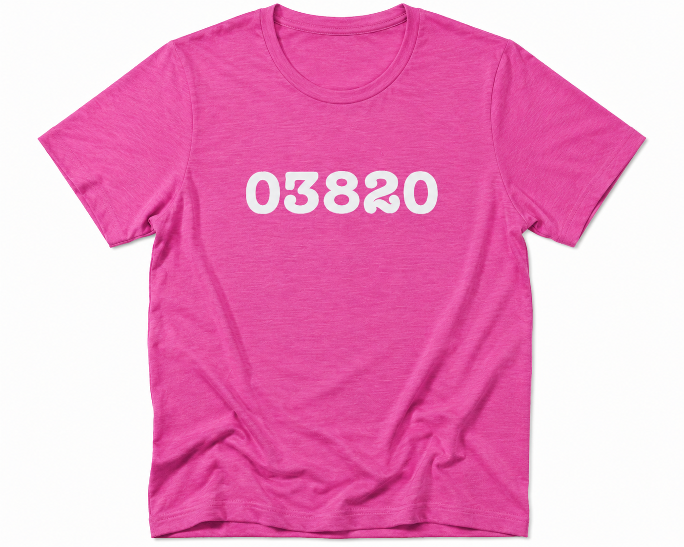 Pink t-shirt with white text '03820' on a white background