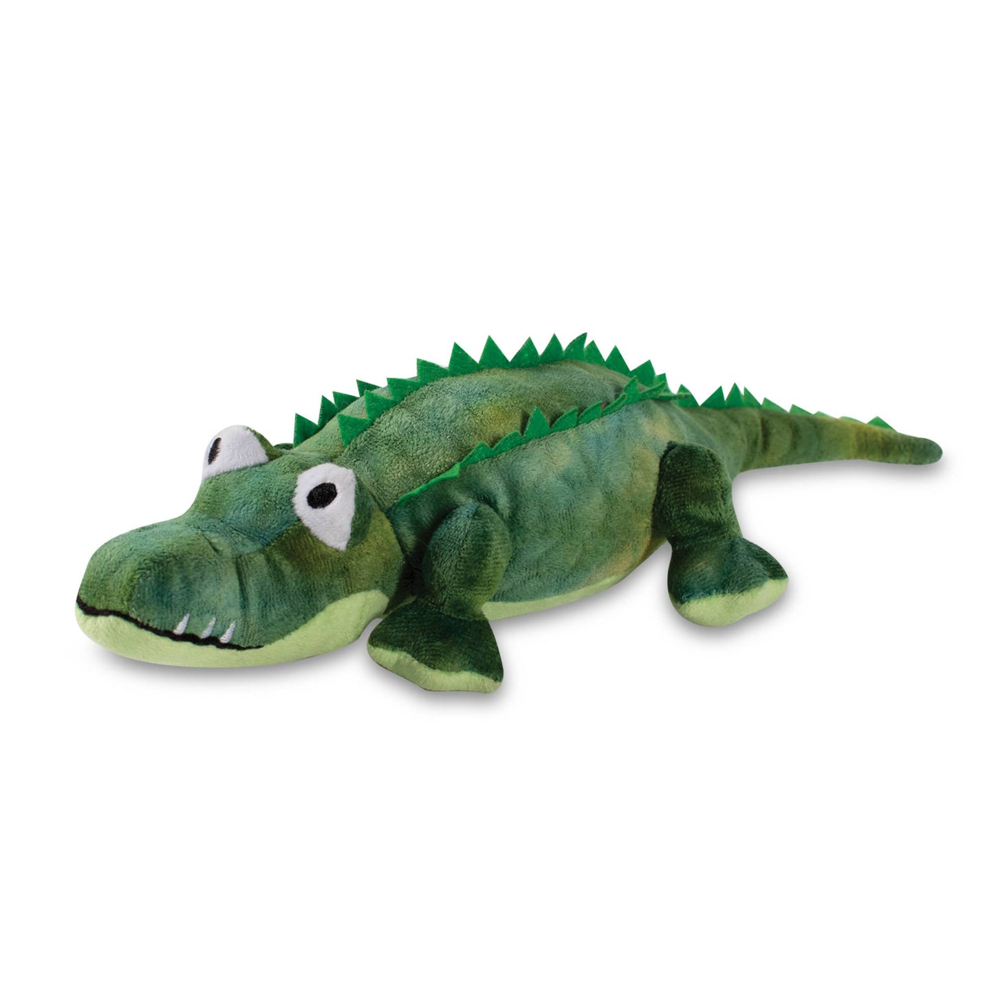 Green plush alligator toy on a white background