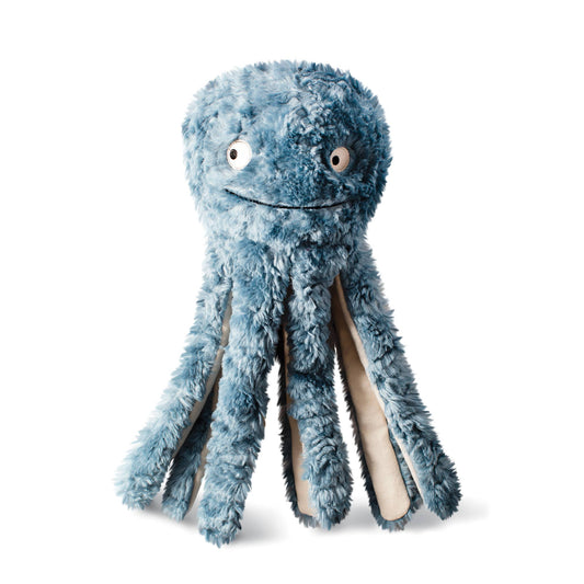 Blue plush octopus toy on a white background