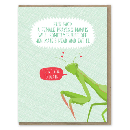 Card with a green praying mantis illustration and humorous text on a light green background