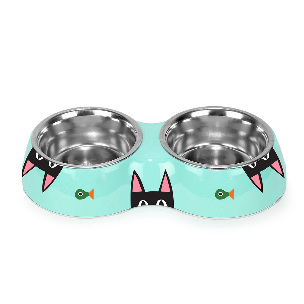 Pet bowl with cartoon cat faces and fish illustrations on a white background
