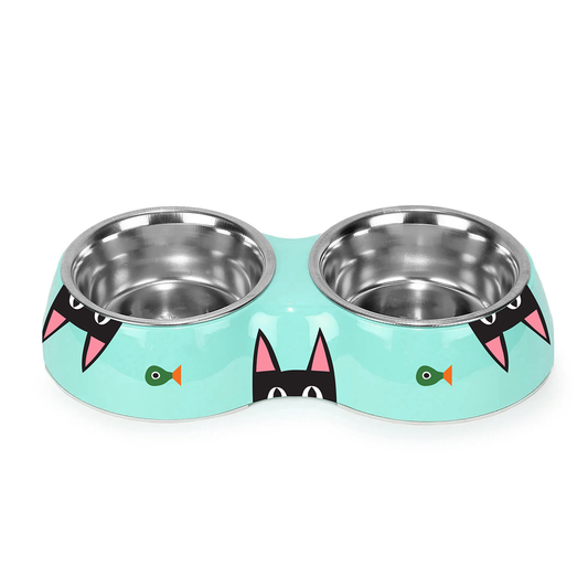Pet bowl with cartoon cat faces and fish illustrations on a white background