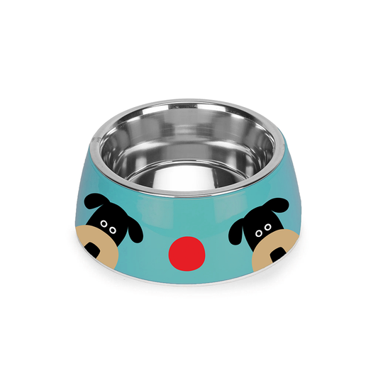 A pet bowl with a light blue exterior featuring cartoon dog faces and a red nose graphic, and a stainless steel interior, shown on a white background.