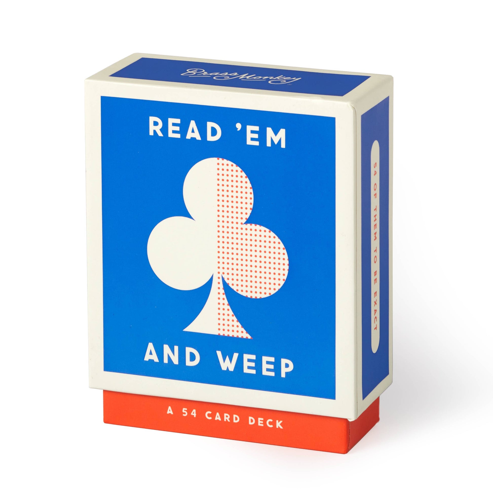 Card deck packaging with blue and red design on a white background