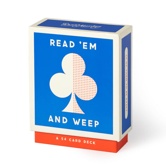 Card deck packaging with blue and red design on a white background