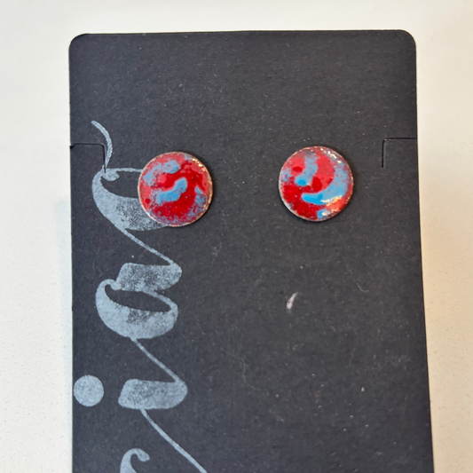 red blue swirls on small circular earrings