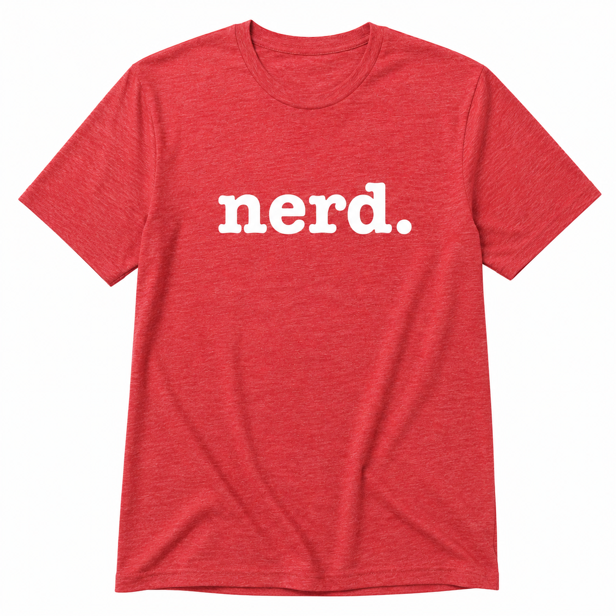 Red t-shirt with 'nerd.' text on a white background