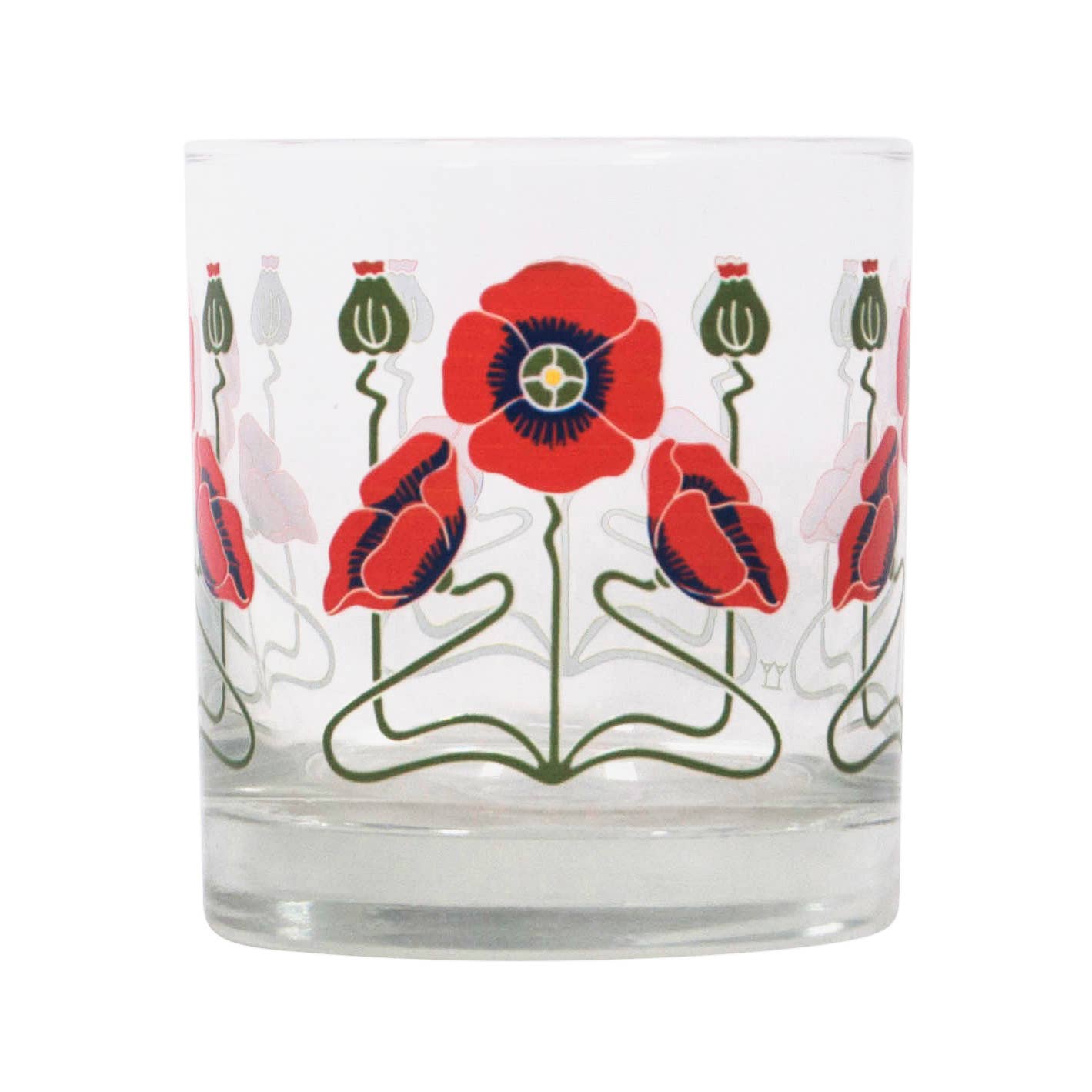 Clear glass candle holder with red floral design on a white background