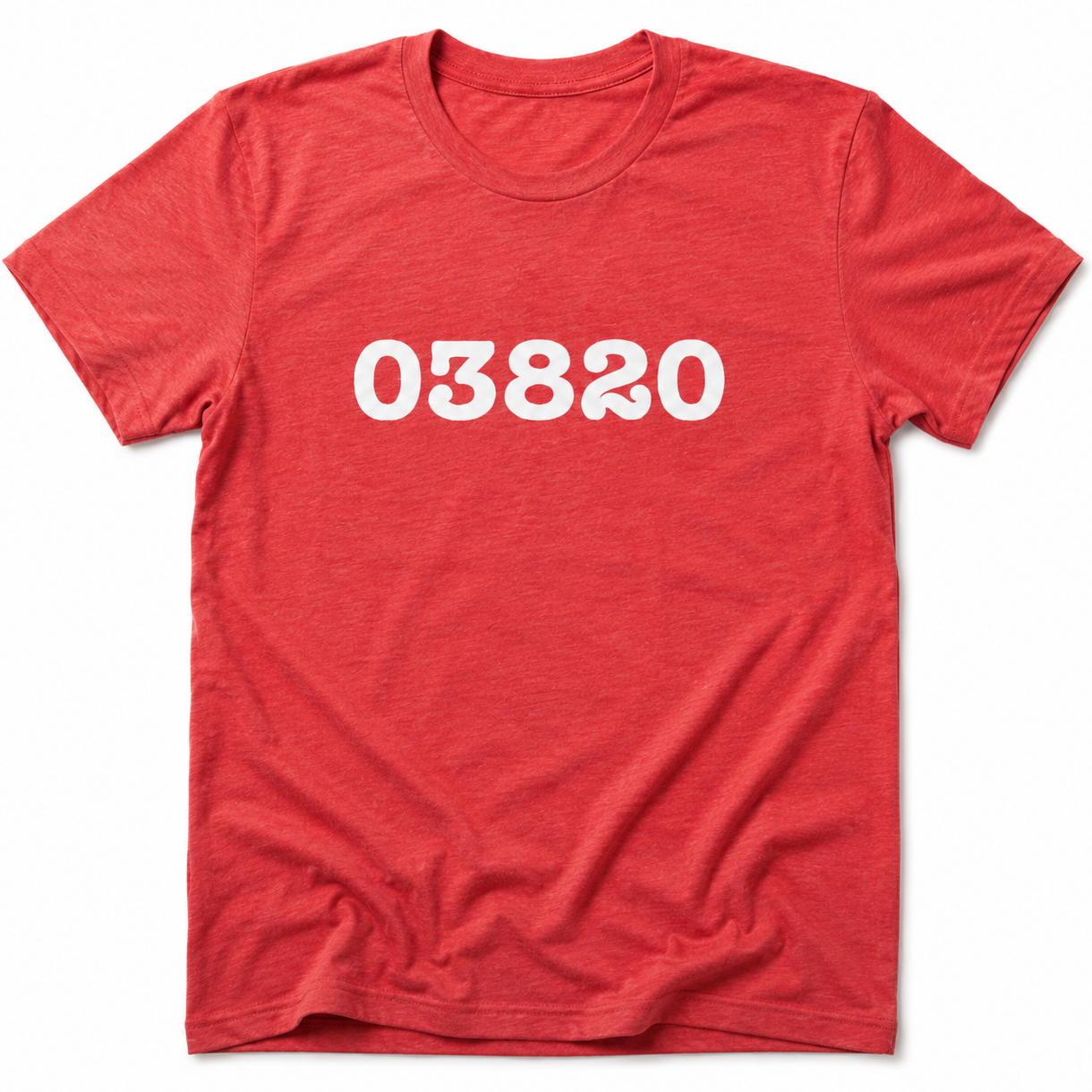 Red t-shirt with white text '03820' on a white background
