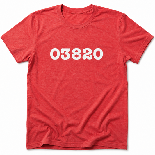 Red t-shirt with white text '03820' on a white background