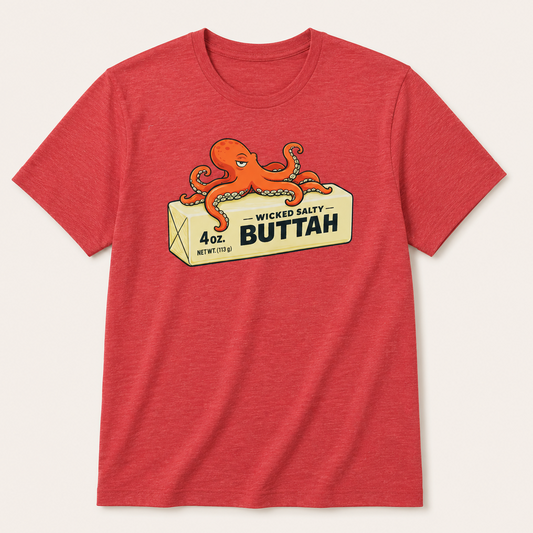 Red t-shirt with an octopus design on a beige background