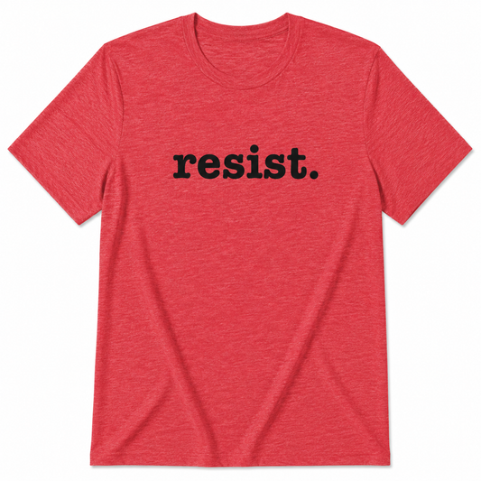 Red t-shirt with 'resist.' text on a white background