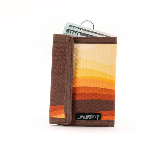 Brown wallet with colorful striped pattern on a white background