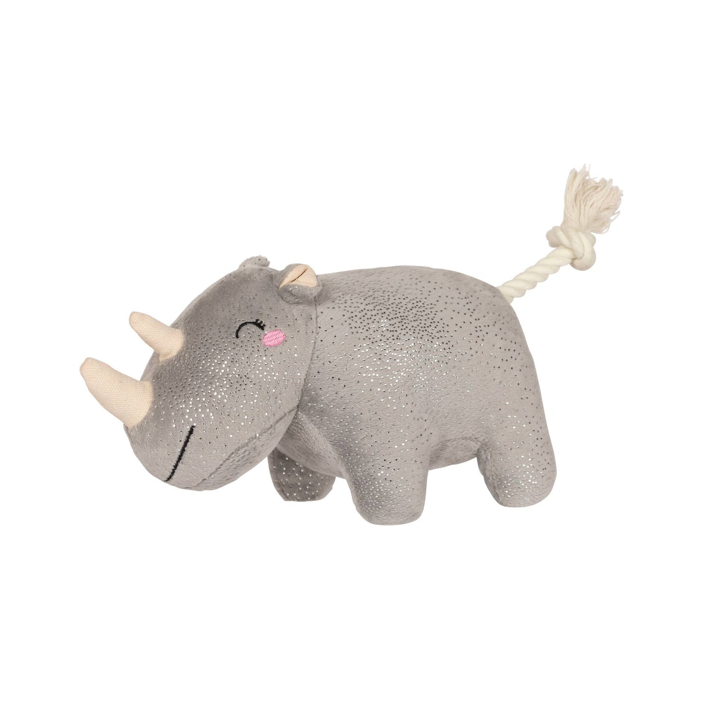 Plush rhino toy with a rope on a white background