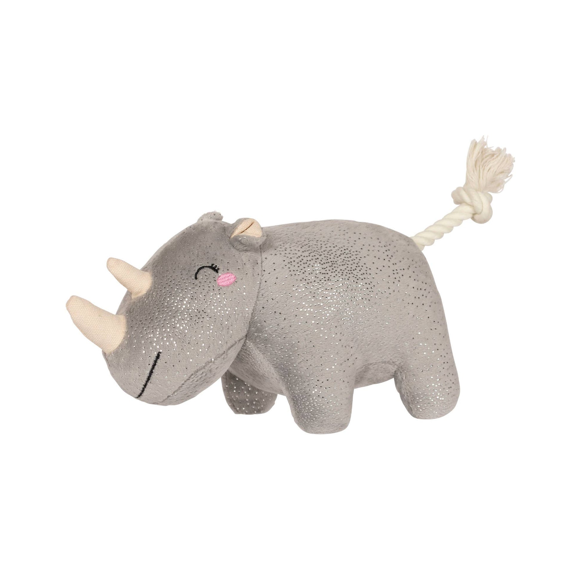 Plush rhino toy with a rope on a white background
