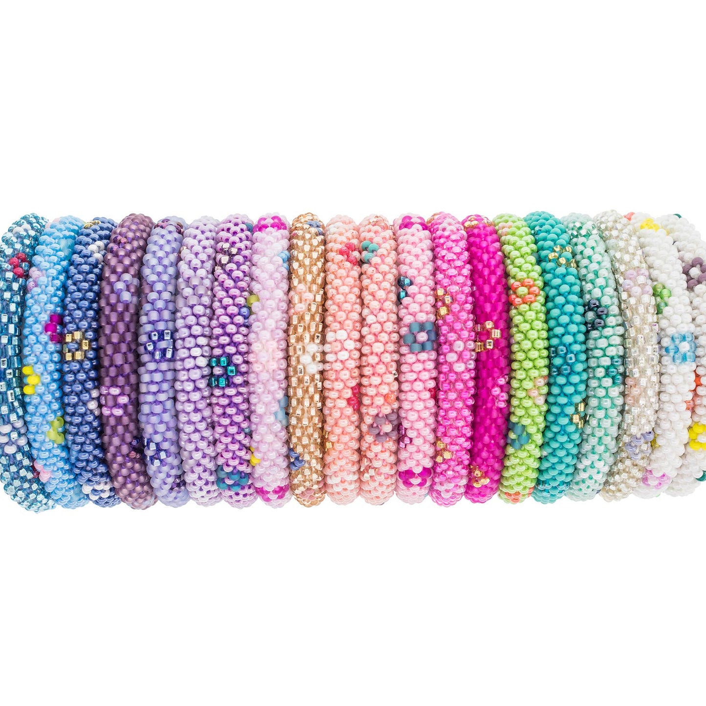 Set of colorful beaded bracelets on a white background