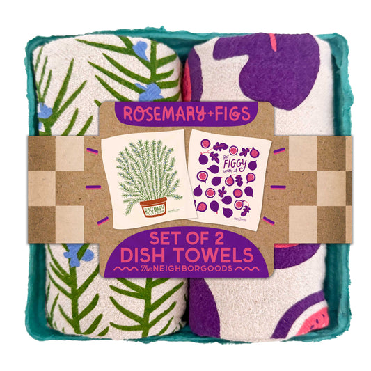 Set of 2 dish towels with colorful patterns in a branded package.