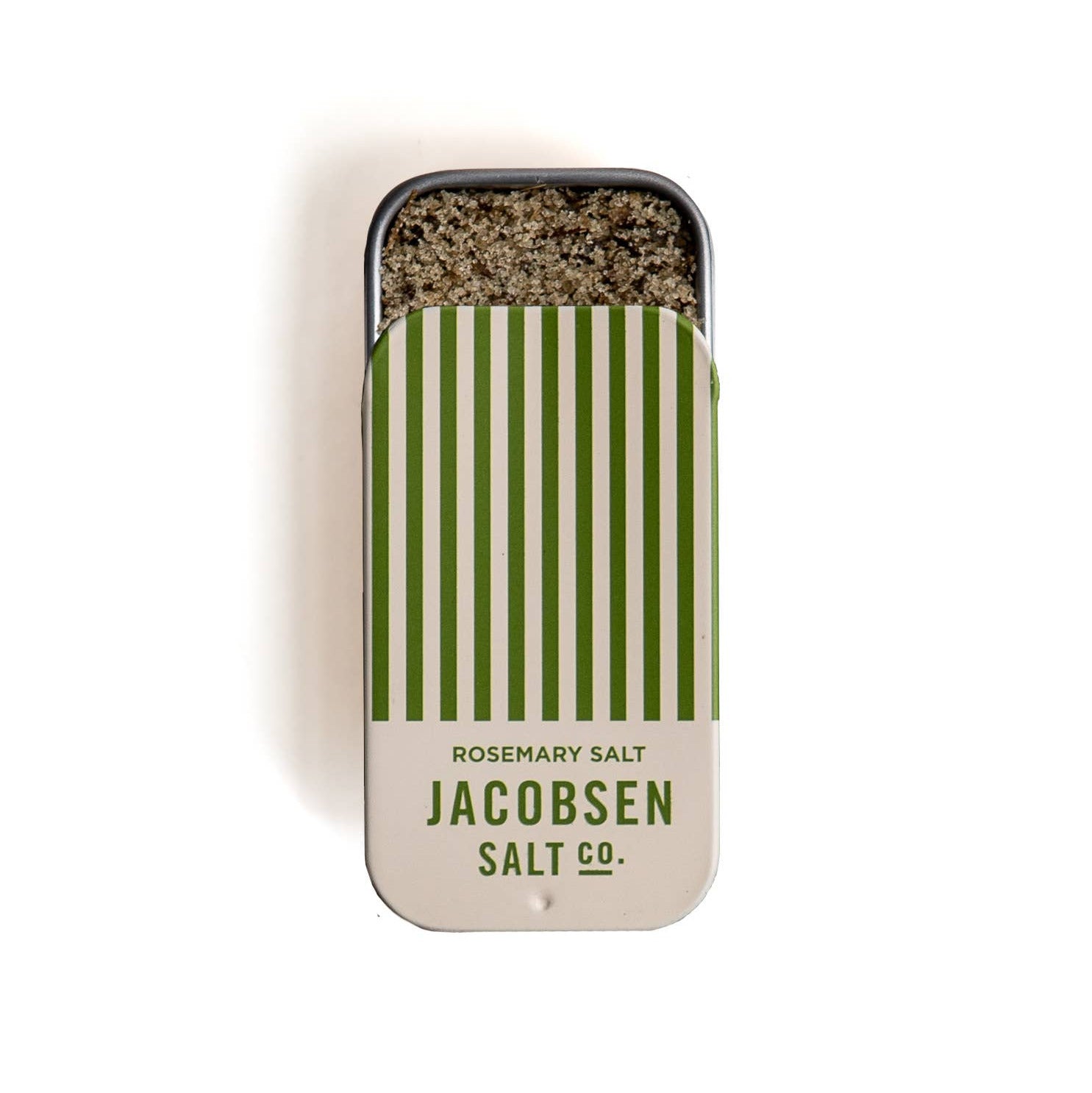 Tin of rosemary salt with striped design and 'Jacobsen Salt Co.' branding on a white background.