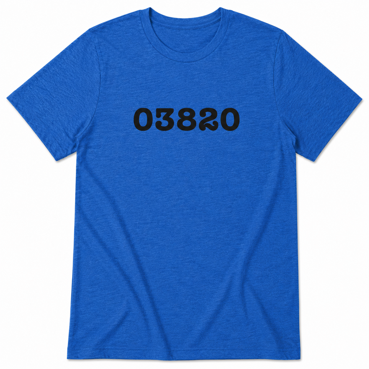 Blue t-shirt with black text '03820' on a white background