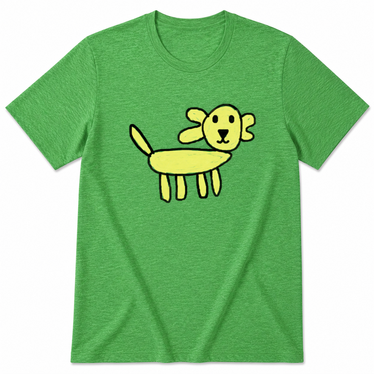 Green t-shirt with a yellow dog graphic on a white background
