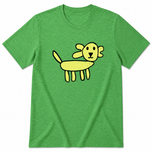 Green t-shirt with a yellow dog graphic on a white background