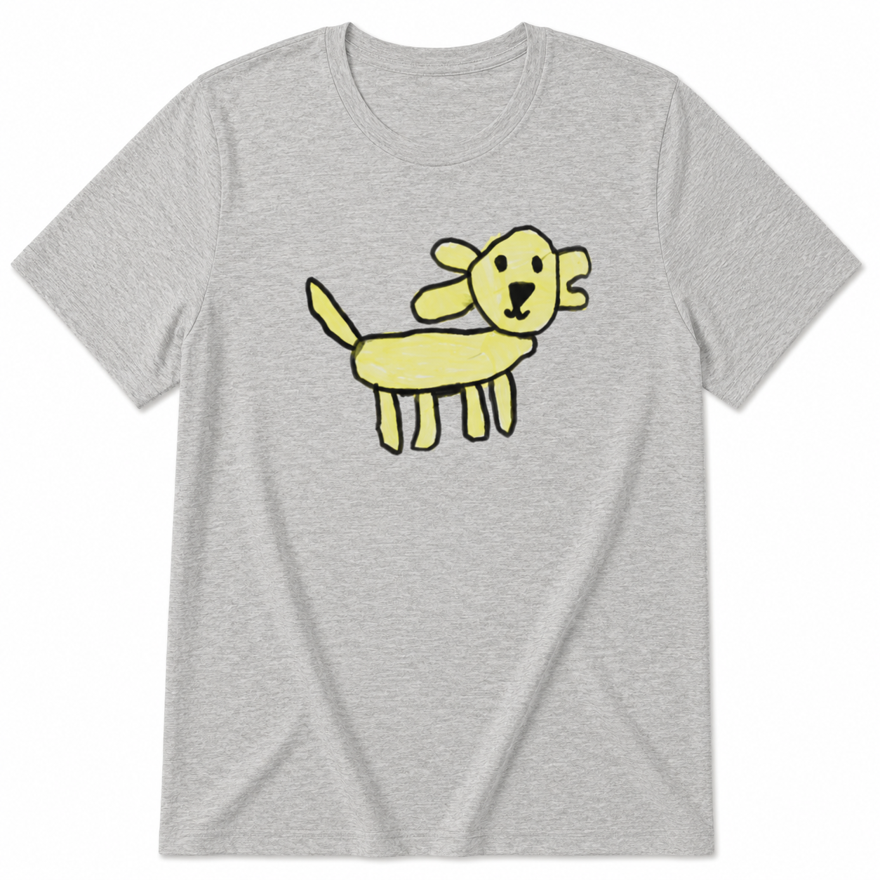 Gray t-shirt with a yellow dog graphic on a white background