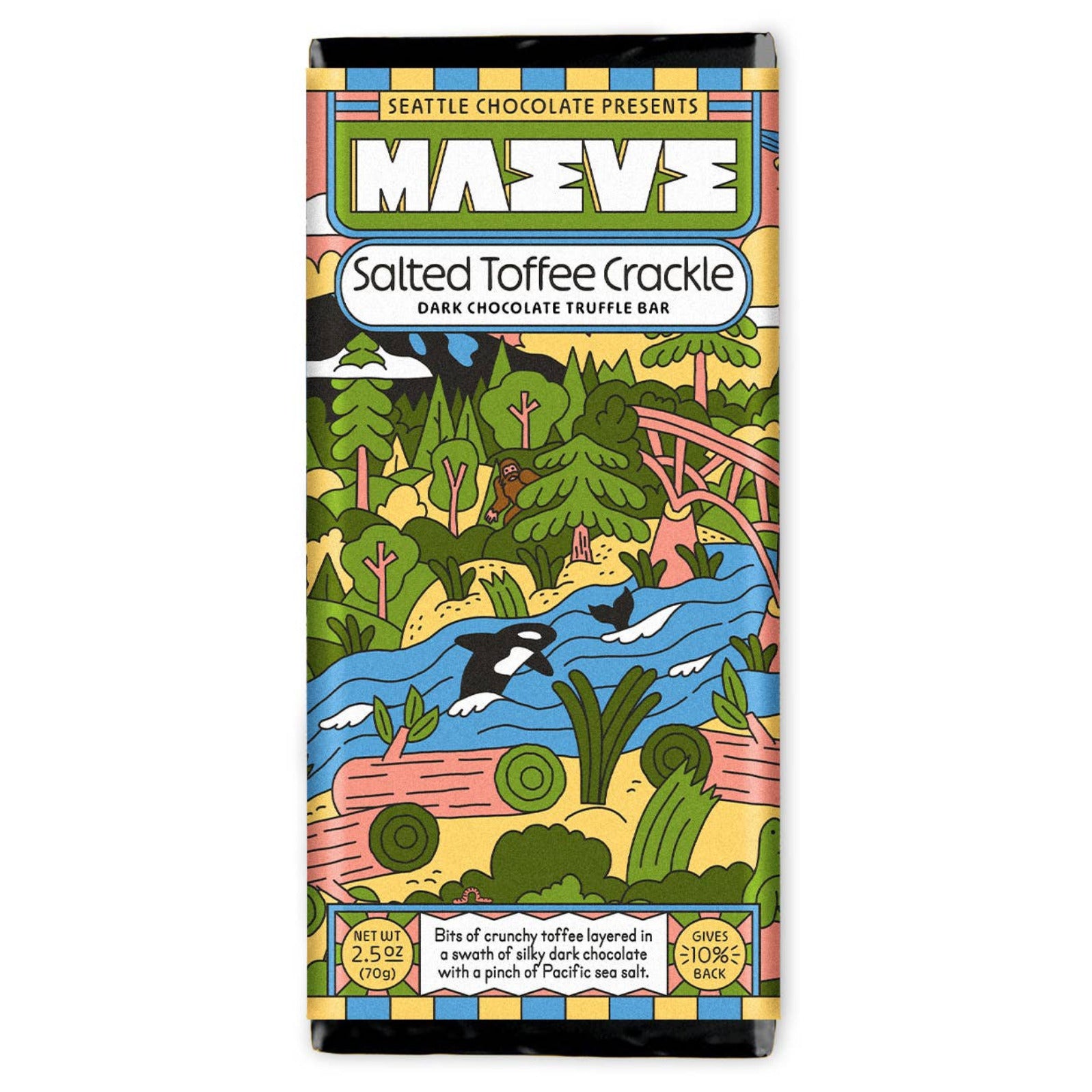 Chocolate bar packaging with colorful design on a white background