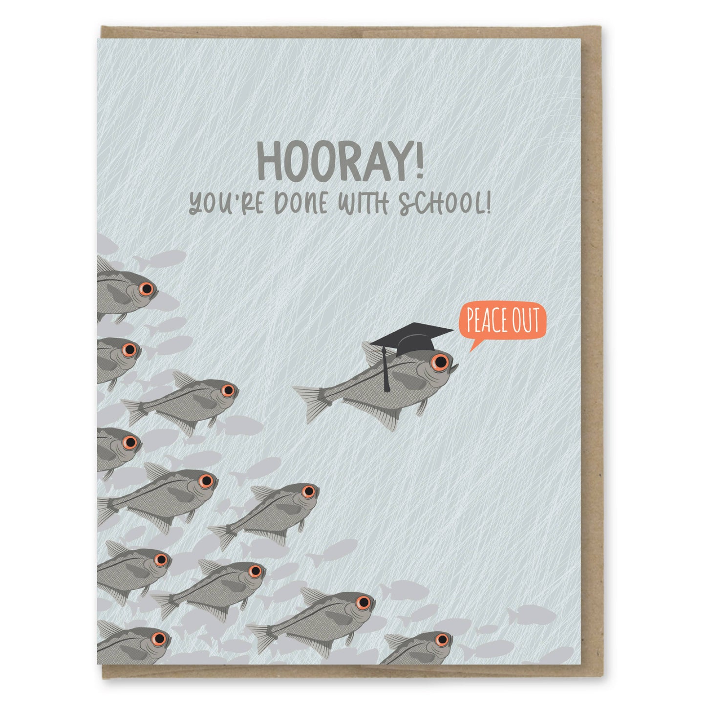 Card with fish illustrations and text about finishing school