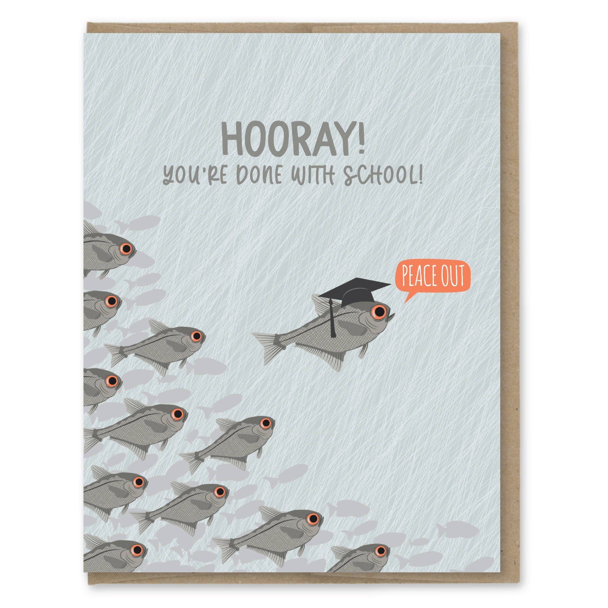 Card with fish illustrations and text about finishing school