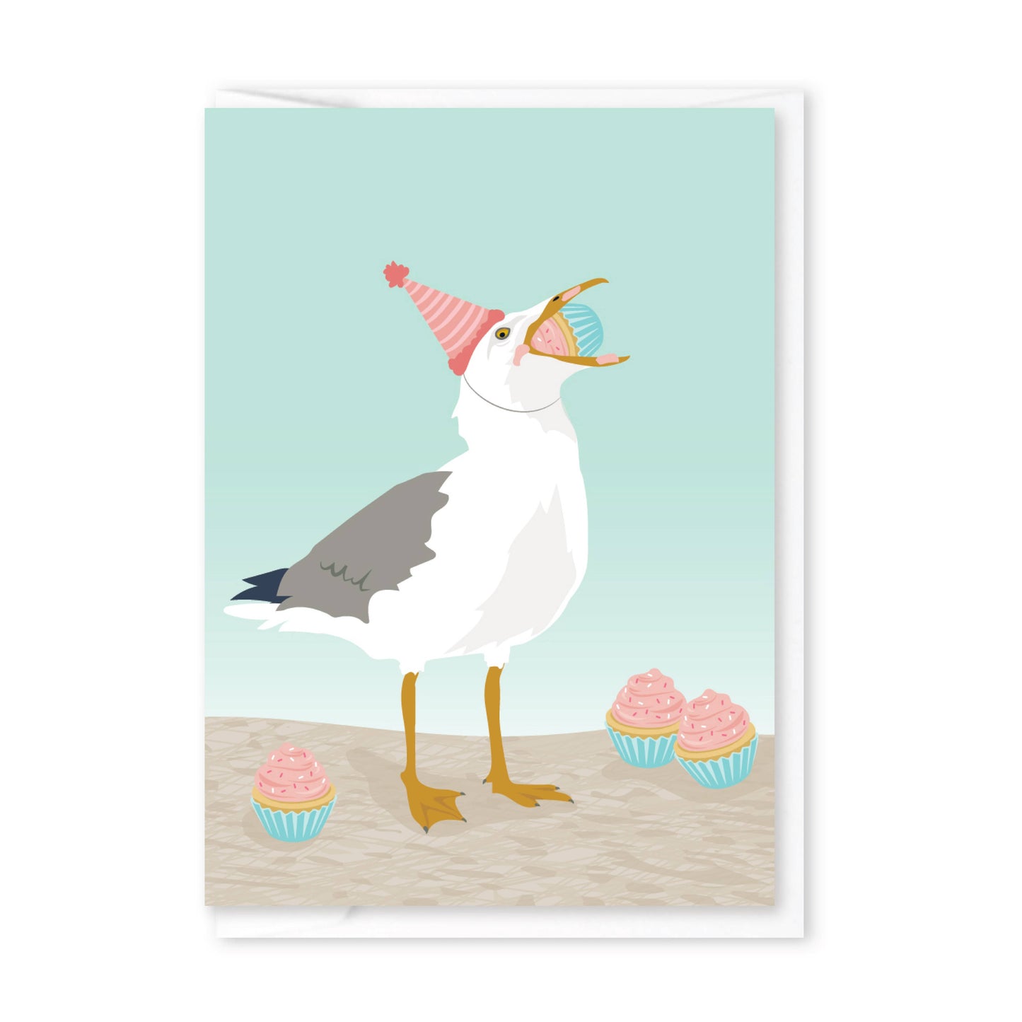 Illustration of a seagull wearing a party hat with two cupcakes on a light blue background