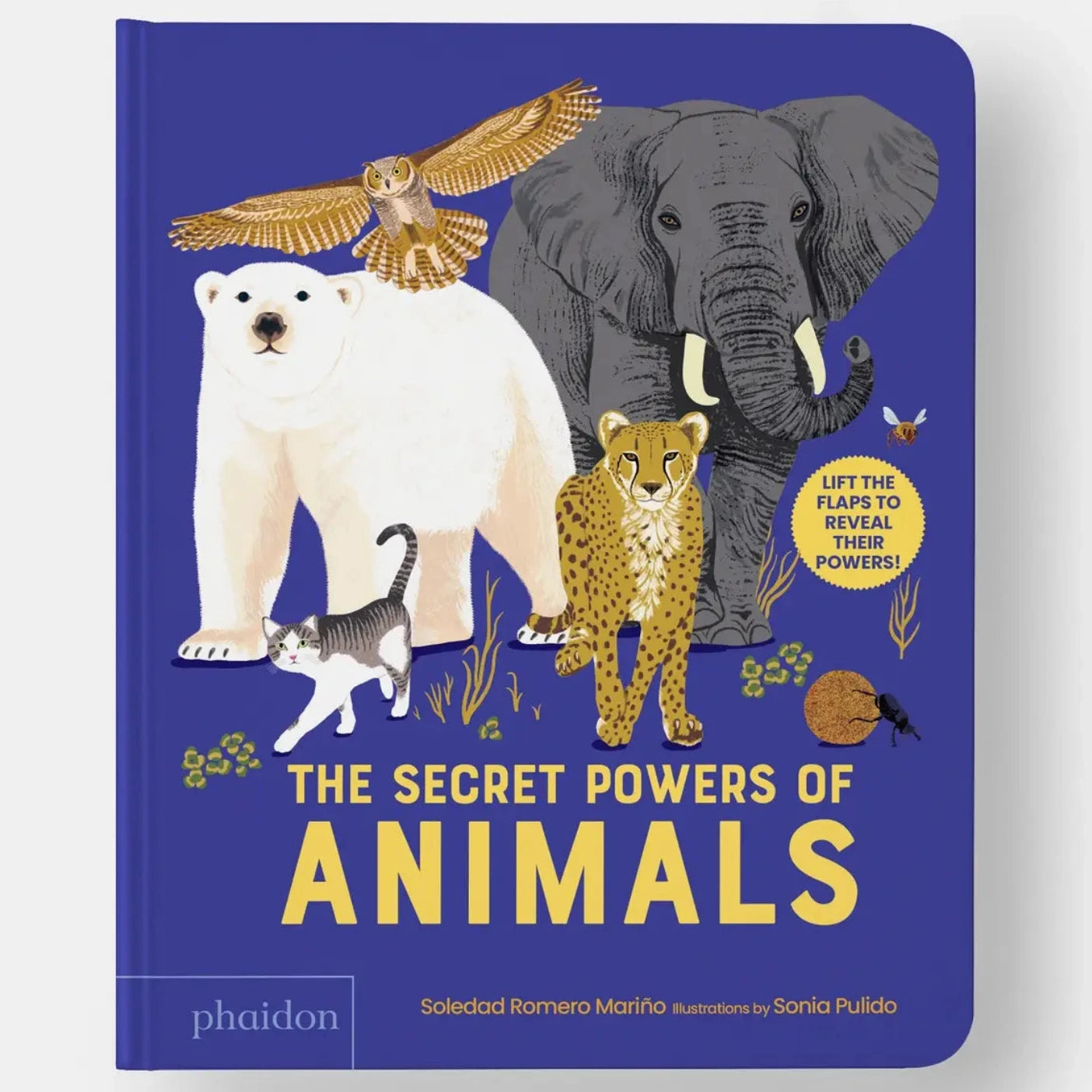 Book cover of 'The Secret Powers of Animals' with illustrations of animals on a blue background