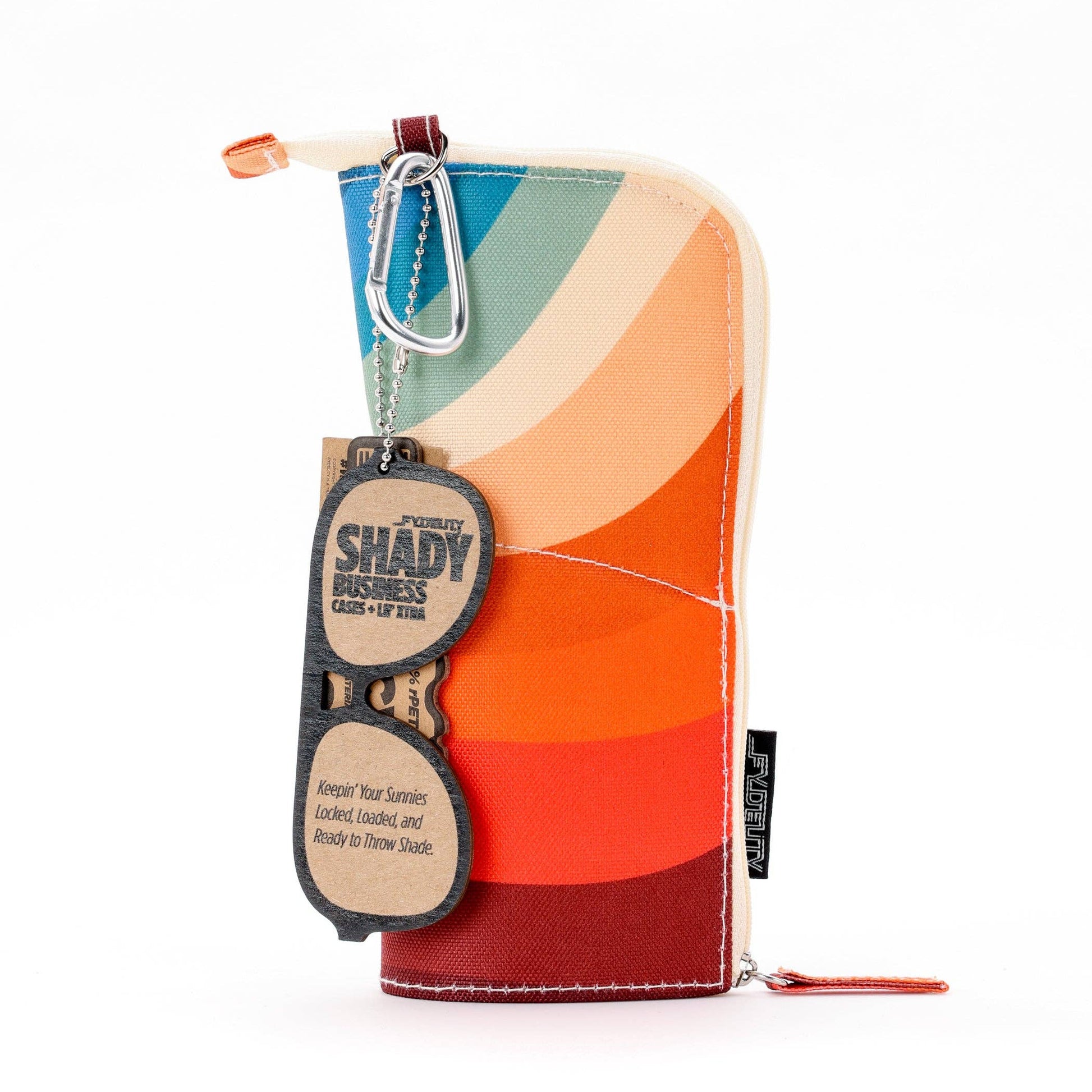 Colorful zip-up pouch with sunglasses and 'Shady Branches' branding on a white background