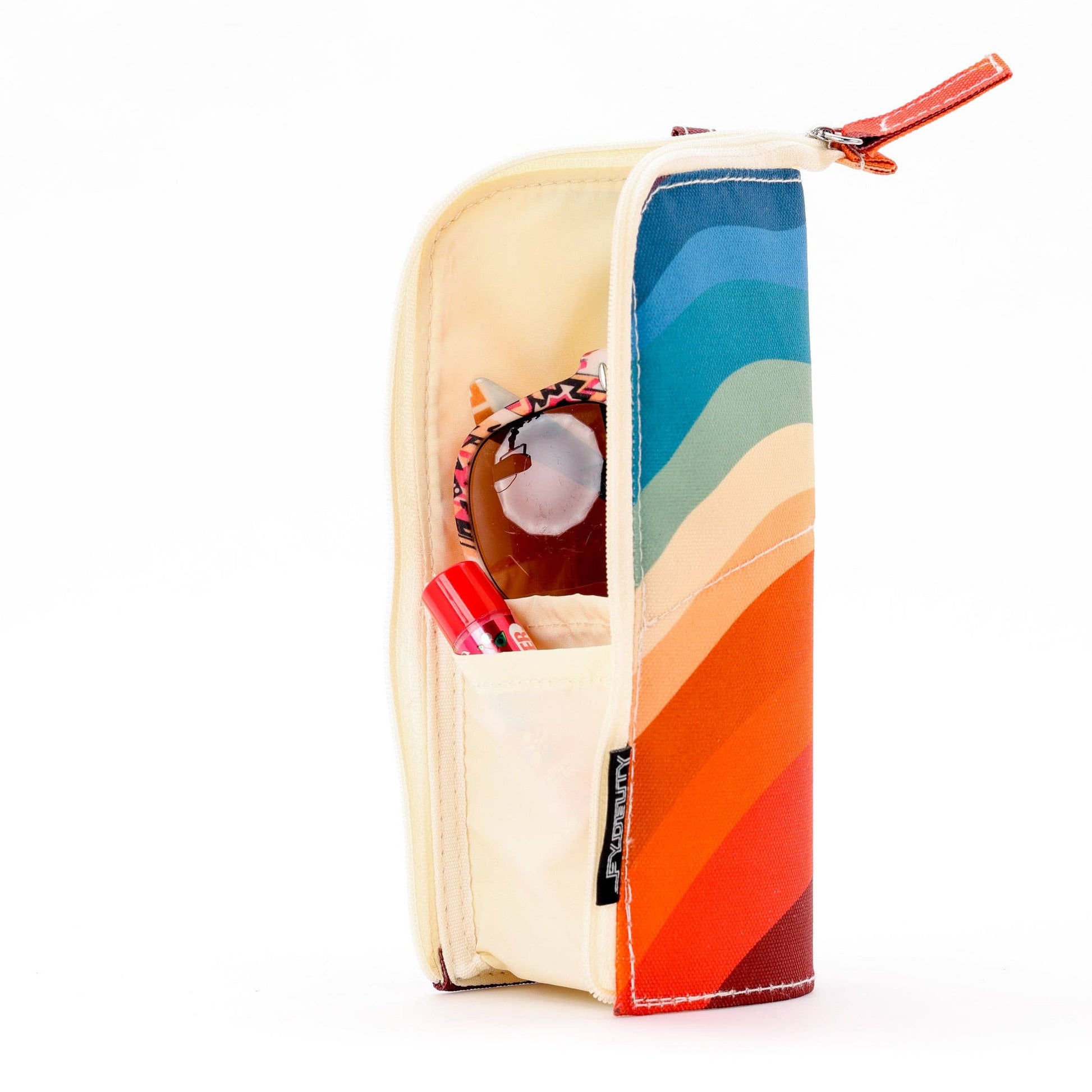 Colorful pencil case with a rainbow pattern on a white background